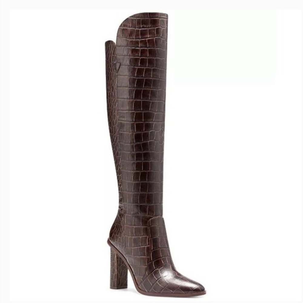 Vince Camuto Palley Brown Croc-Embossed Heeled Boots